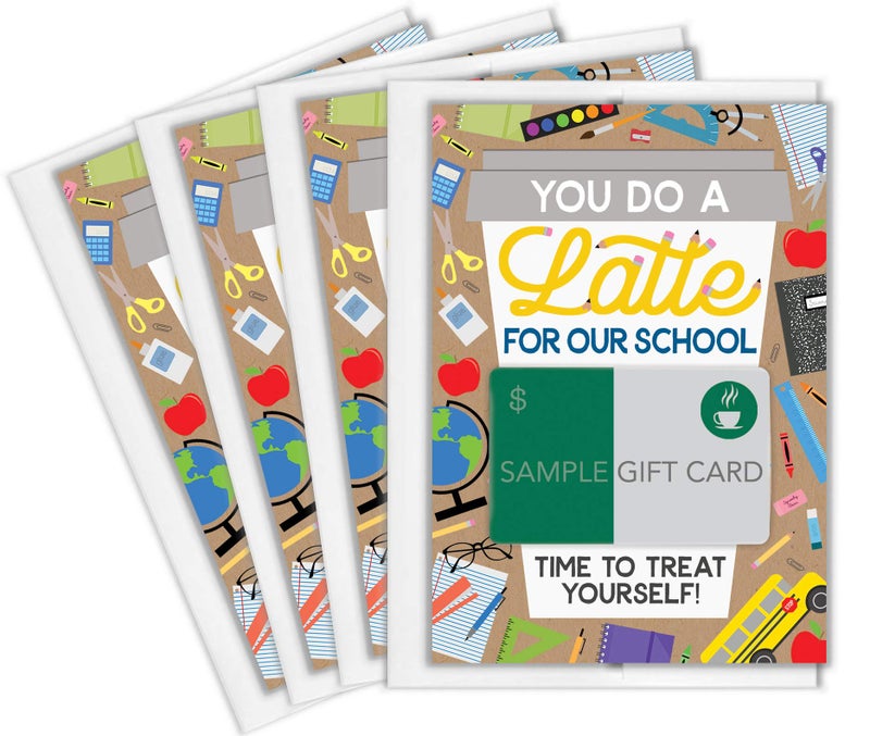 Tiny Expressions â€“ Teacher Appreciation Coffee Gift Card Holders (4 Pack) | Set of 4 with Envelopes | School Themed 5"x7" Gifts for Teachers, Principals, Bus Drivers, & Daycare Employees - Image 1